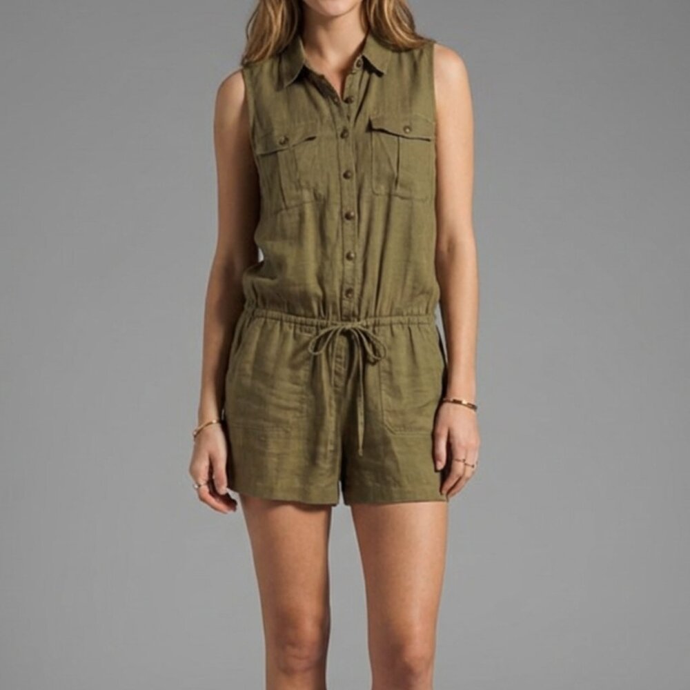 Like New, Ralph Lauren Army Green Sleeveless Linen Blend Cargo Safari Romper